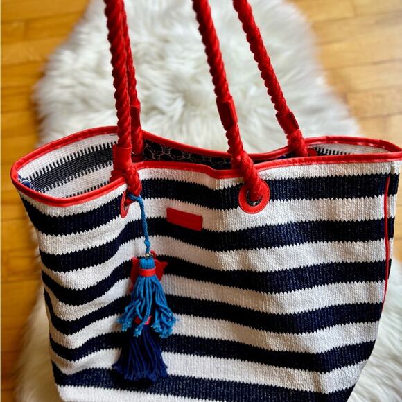 Vera Bradley Navy and White Stripe Large Tote Bag with Turtle Charm / Keychain - Picture 1 of 12